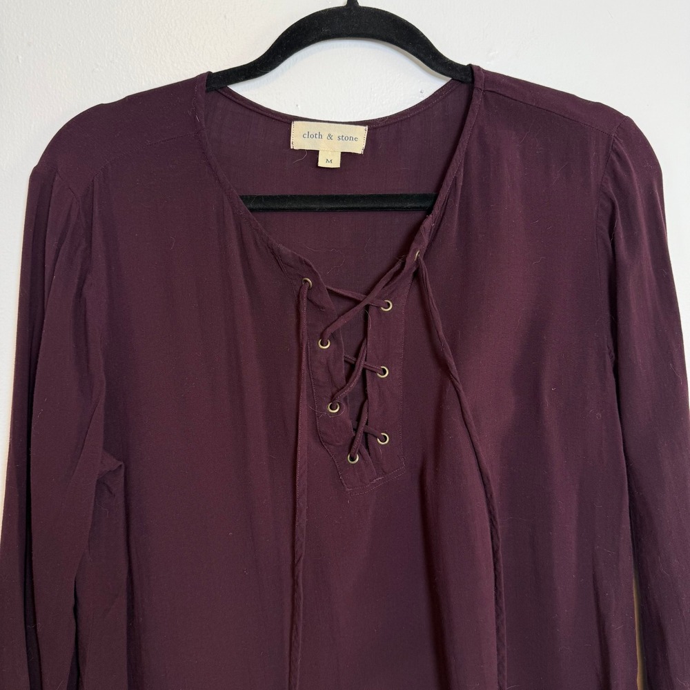 Cloth & Stone Plum Burgundy Lace Up Long Sleeve‎ Rayon Tunic Top M - Picture 8 of 8